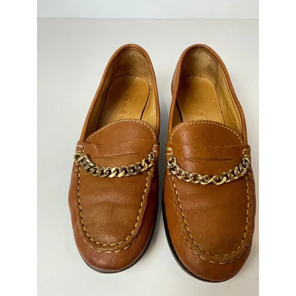 Sandro Brown Saddle Leather‎ Chain Detail Loafers Size US 6 Luxury Designer